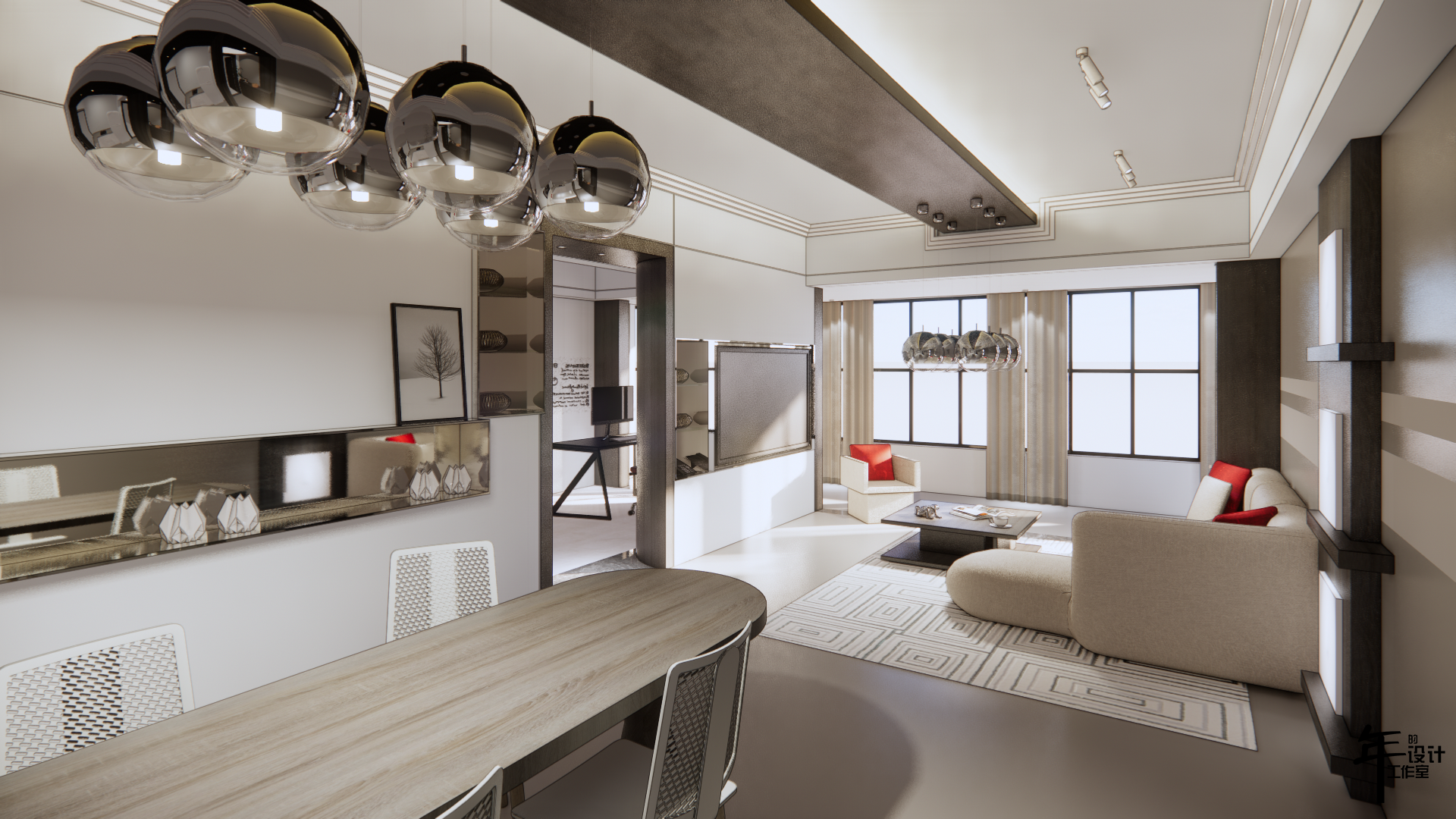 灰色中性网格的现代之家 | 实木、铬、红色点亮空间-10