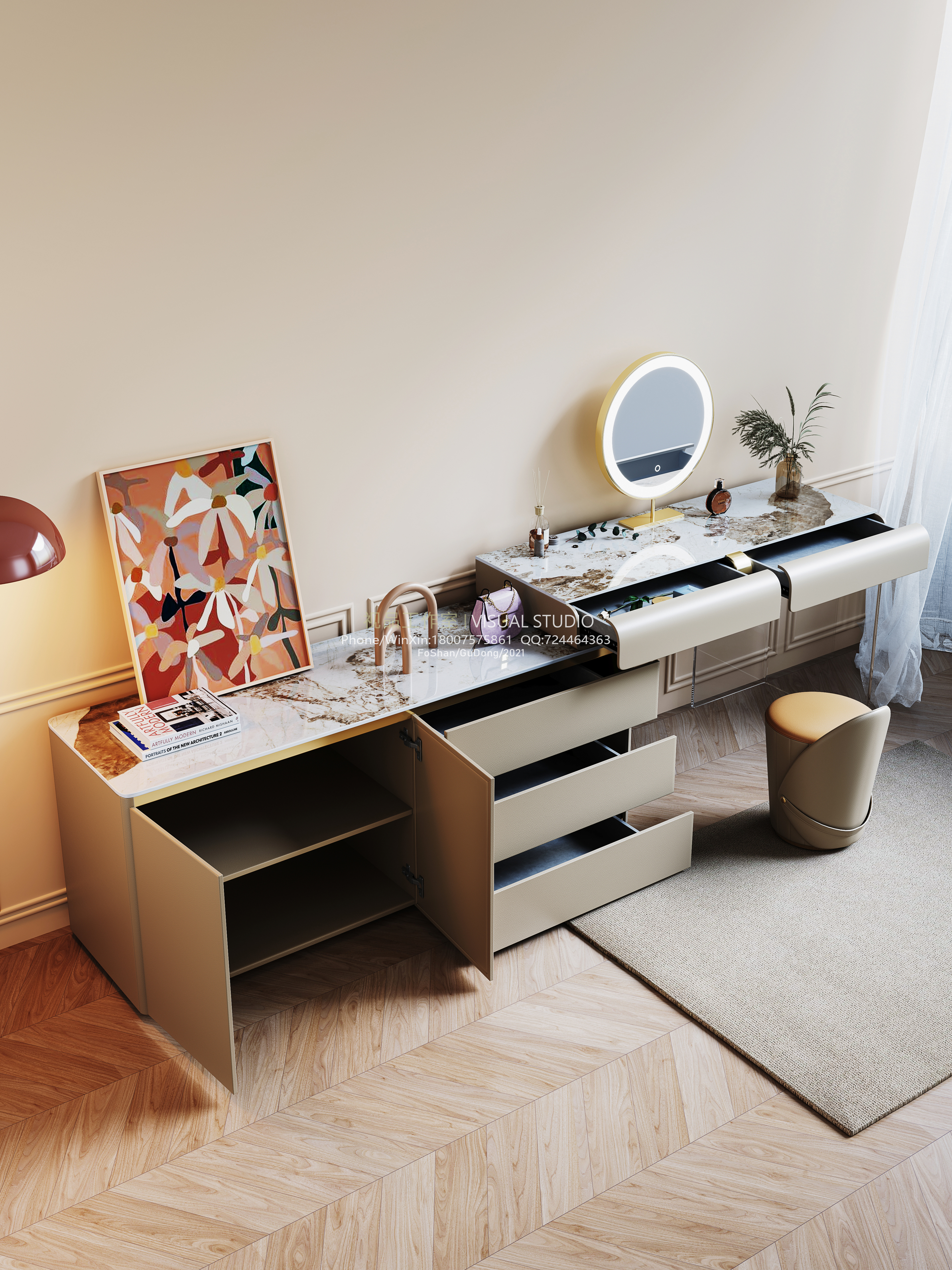 小奶油风梳妆台和餐桌系列一套效果图-10