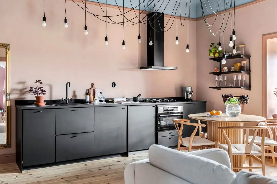 瑞典 58m2 屋顶公寓 | 黑色魅力与粉色过去的完美融合-3