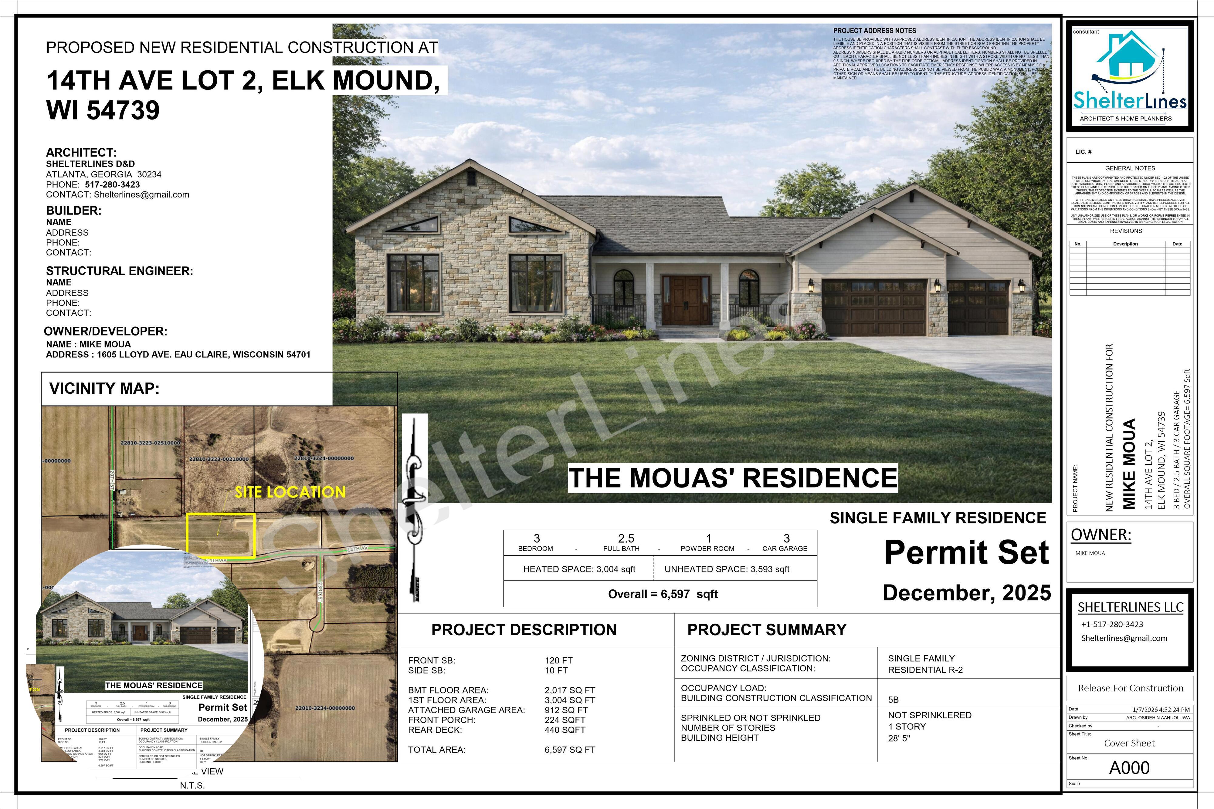 PERMIT PLAN FOR 6,500 SQFT CUSTOM HOME, ELK MOUND, WI-0