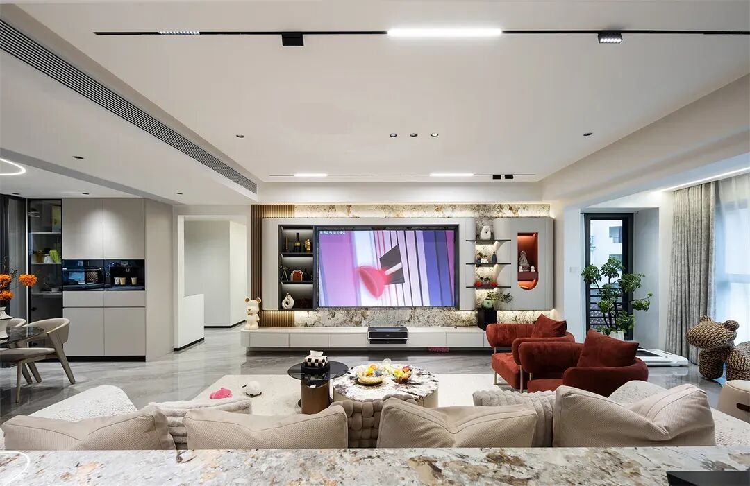 深圳30万打造180平深灰现代简约风教科书！无主灯+原木大理石客厅封神-21