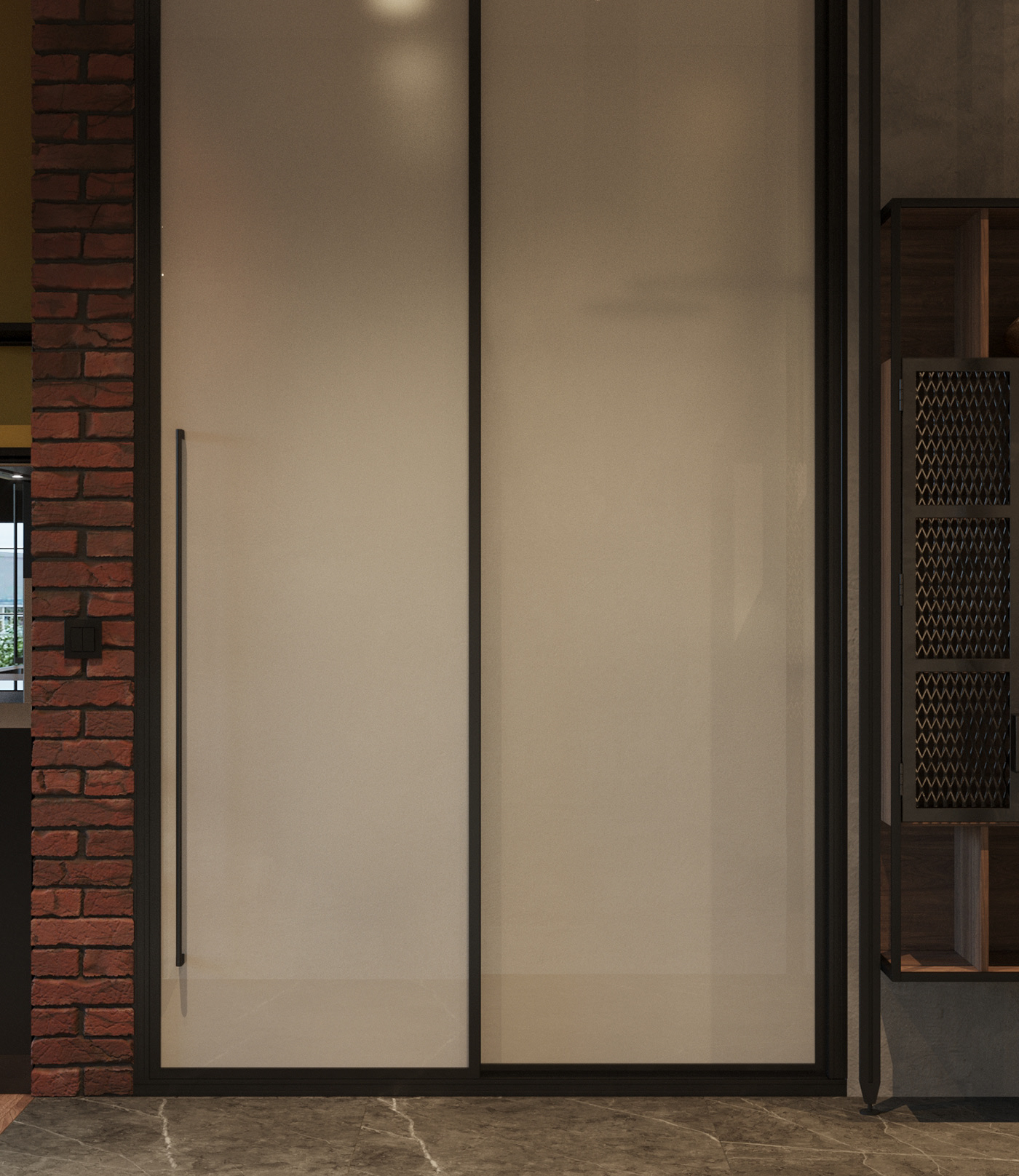 砖墙、黑色厨房和拱形窗户的时尚阁楼式公寓-14