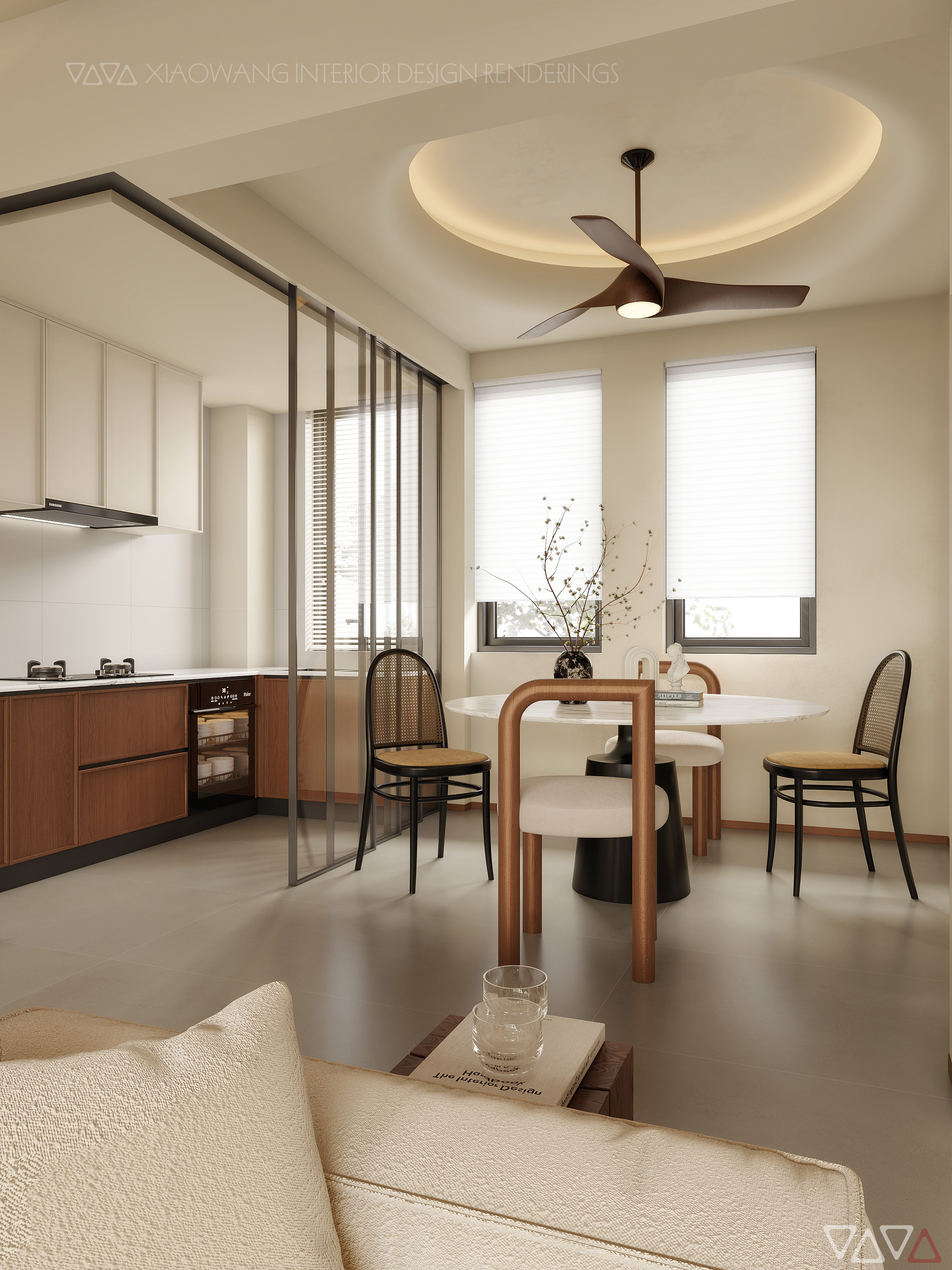 中古奶油风客餐厅效果图-8