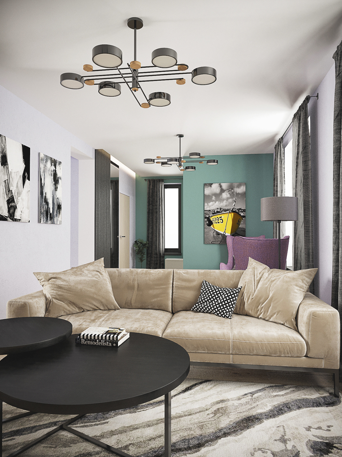 "现代简约风格，打造 2 层别墅舒适客厅厨房空间"-1