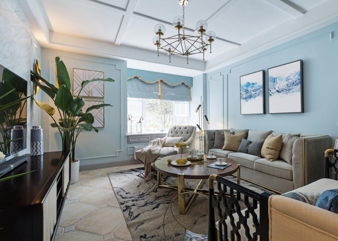 客厅的水洗蓝和卧室的静谧蓝共同营造出一个宁静雅致的-2