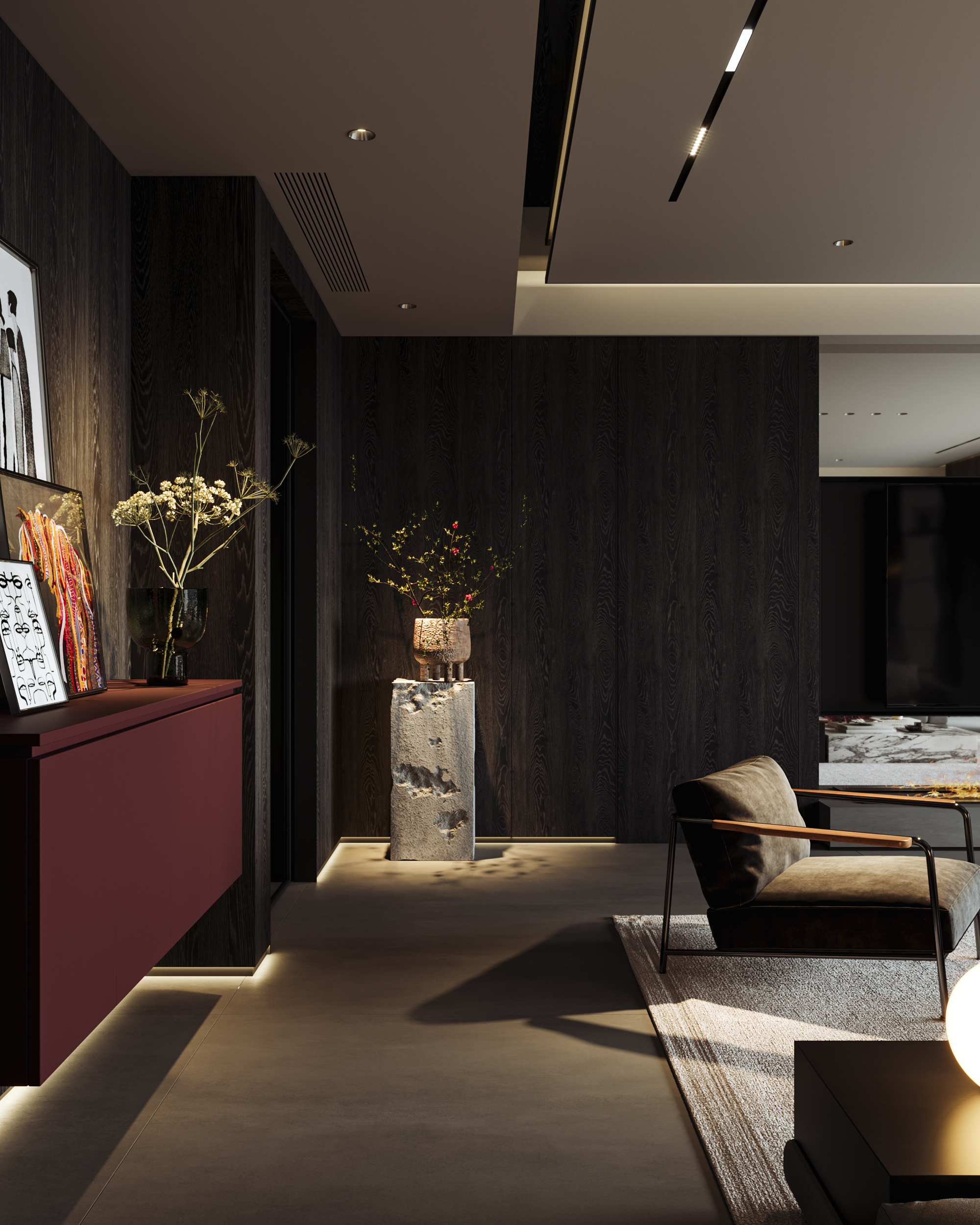 现代黑白灰·大横厅丨冈舍效果图表现-12