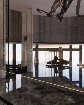 The hotel is designed with grey marble 灰色石材