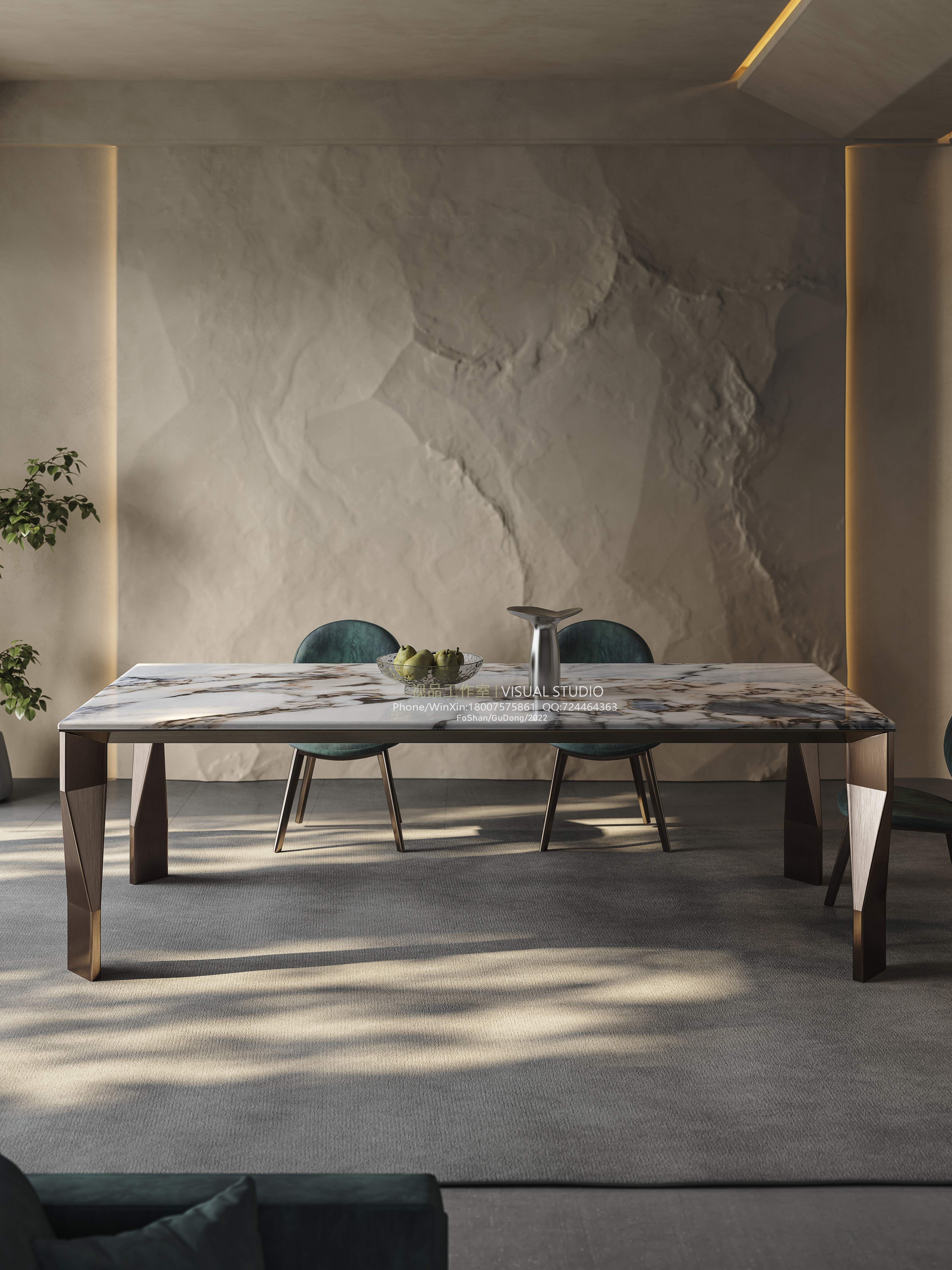 诧寂风格奢石方形餐桌写实效果图-14