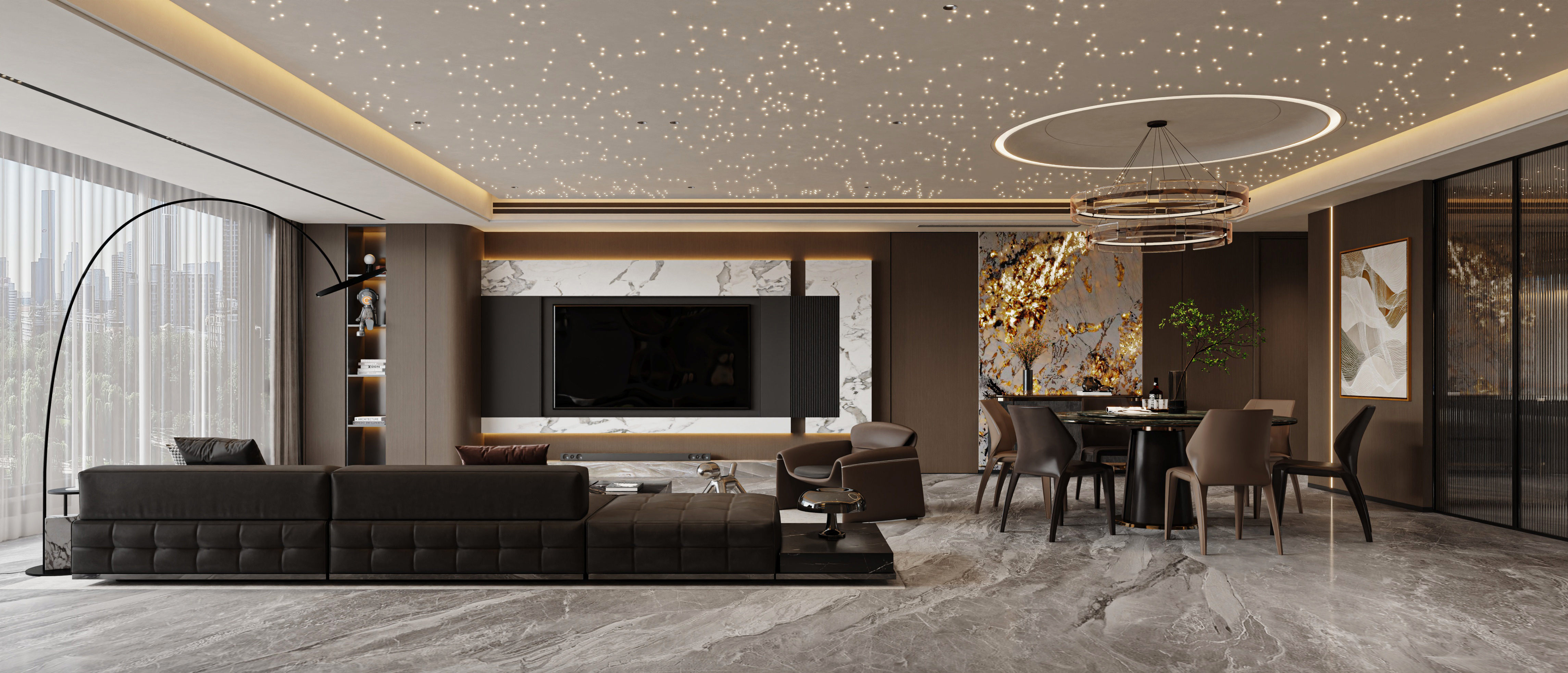 意式轻奢风客餐厅效果图表现-1