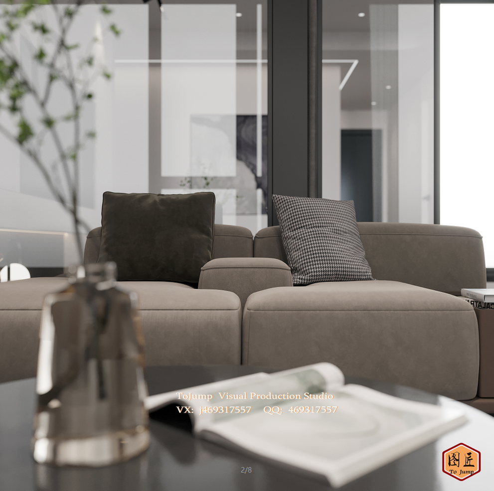 现代极简客餐厅黑白灰实效效果图-8