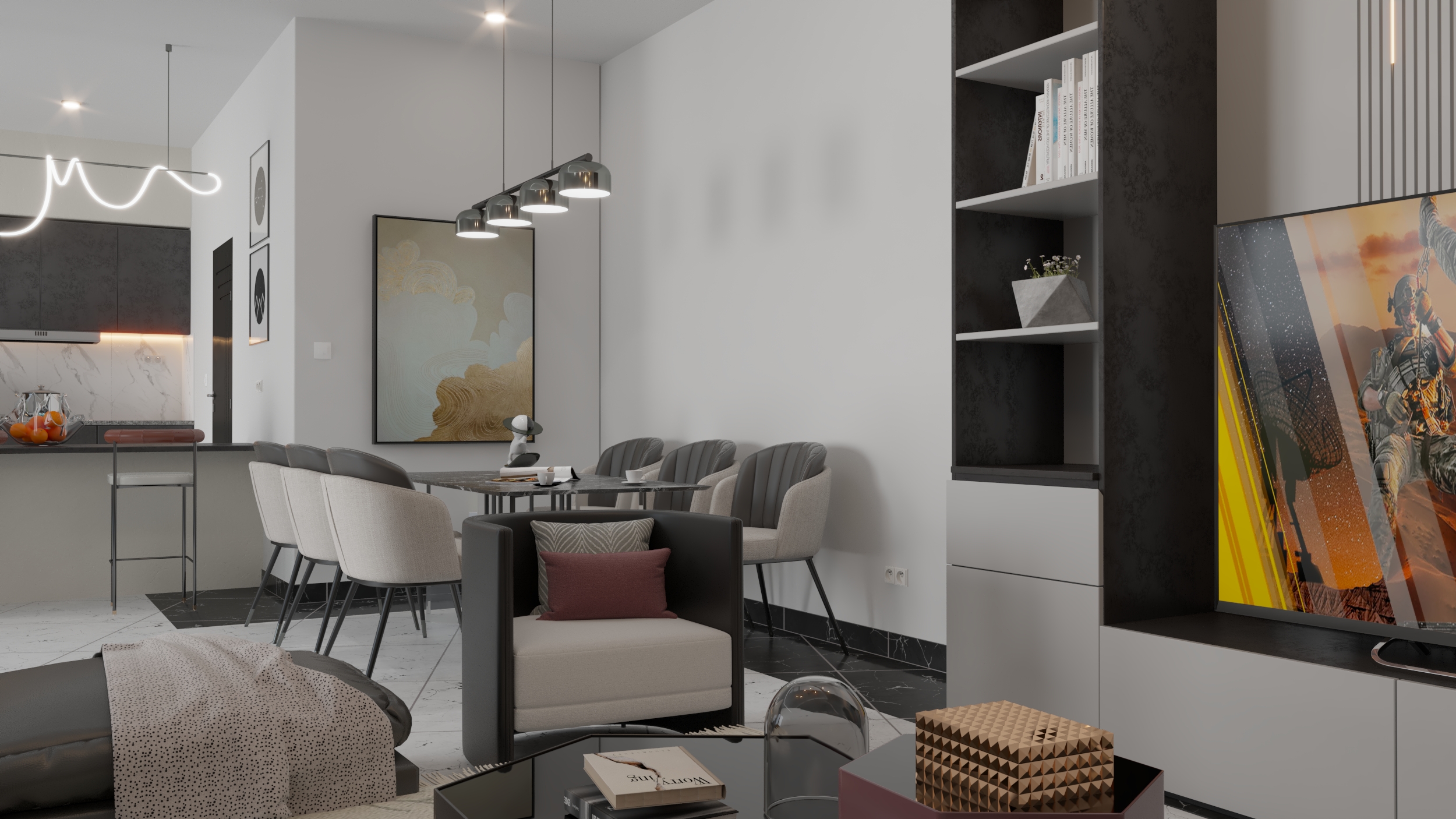 Amenagement salon + cuisine ouverte + Salle à manger-4