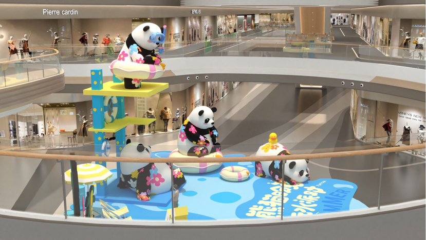 购物中心六一暑期夏季美陈方案“熊猫盼崽”玩水派对-5