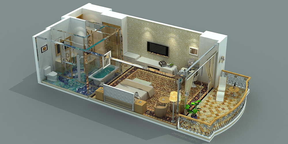 3D鸟瞰立体布置图 小度假公寓案例-4