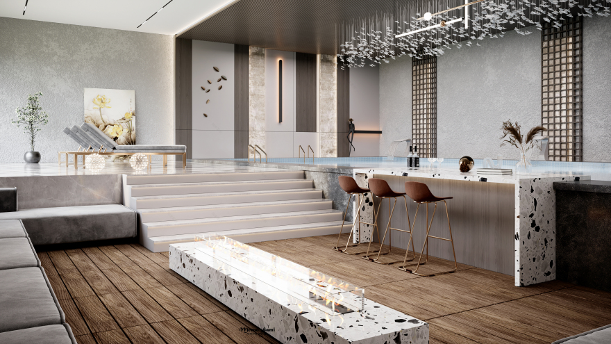 现代室内泳池,开放式厨房和客厅室内设计-12