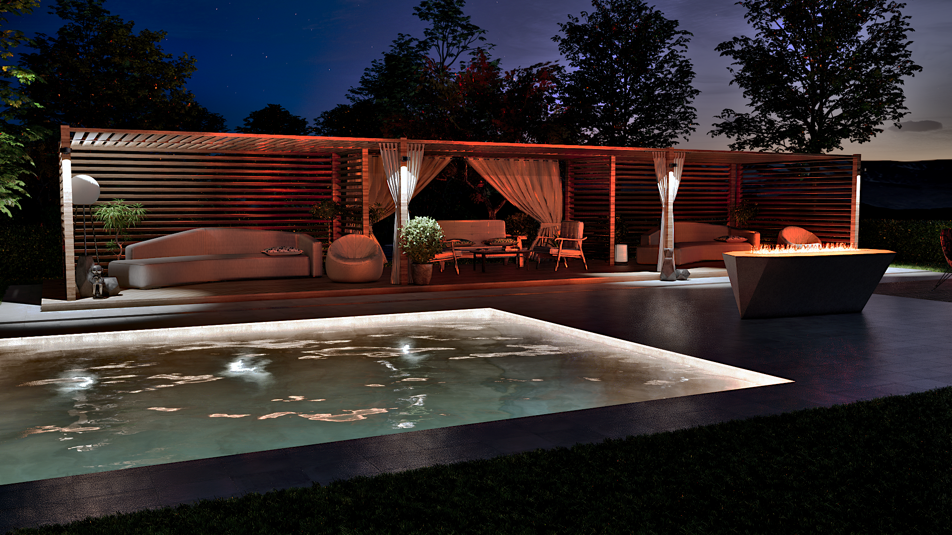 Modern pool lounge with firepit-5