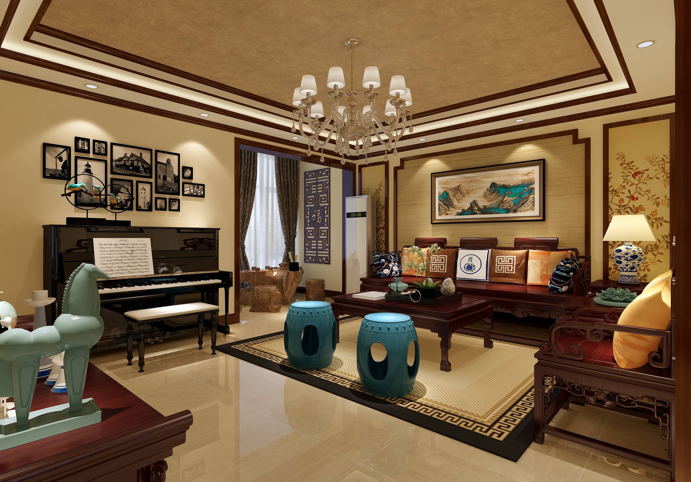 新中式 中式古典 奢华家装别墅样板房-9-1