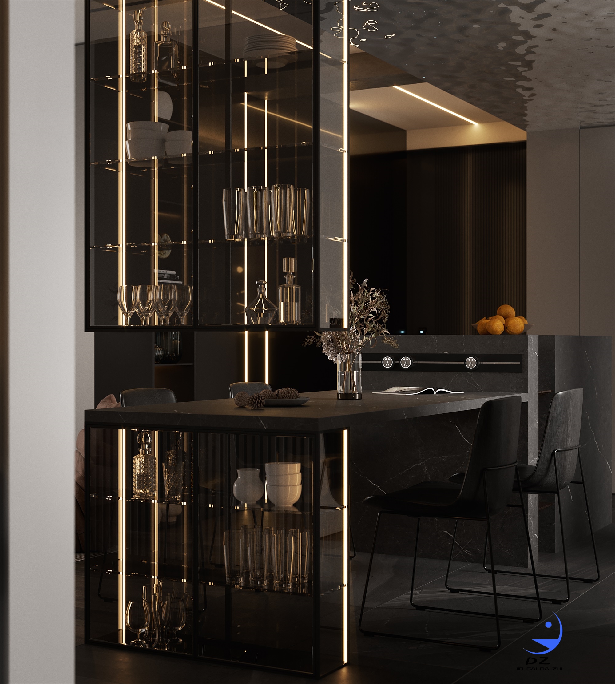 现代黑白系客餐厅卧室过道效果图-8