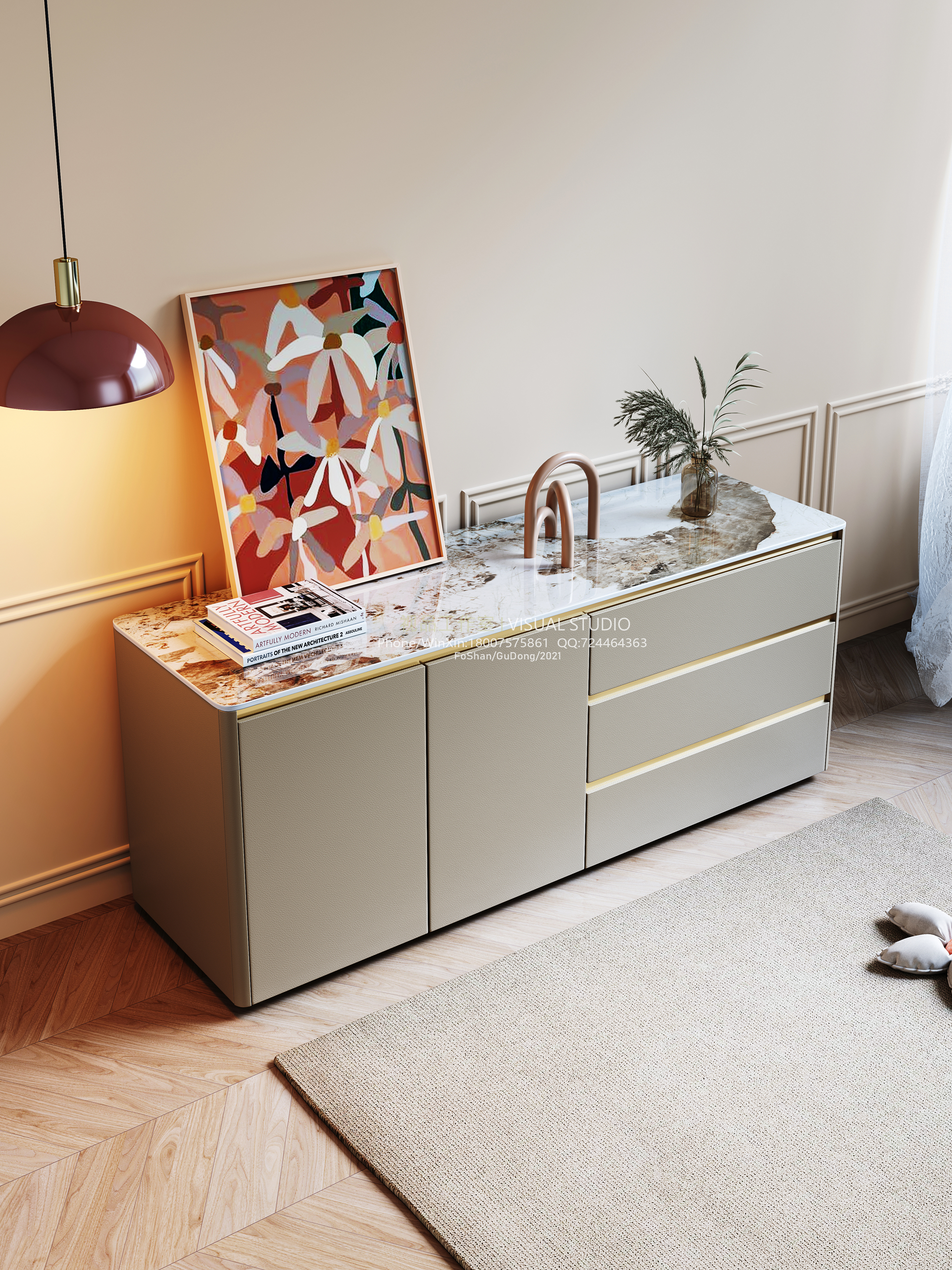 小奶油风梳妆台和餐桌系列一套效果图-6