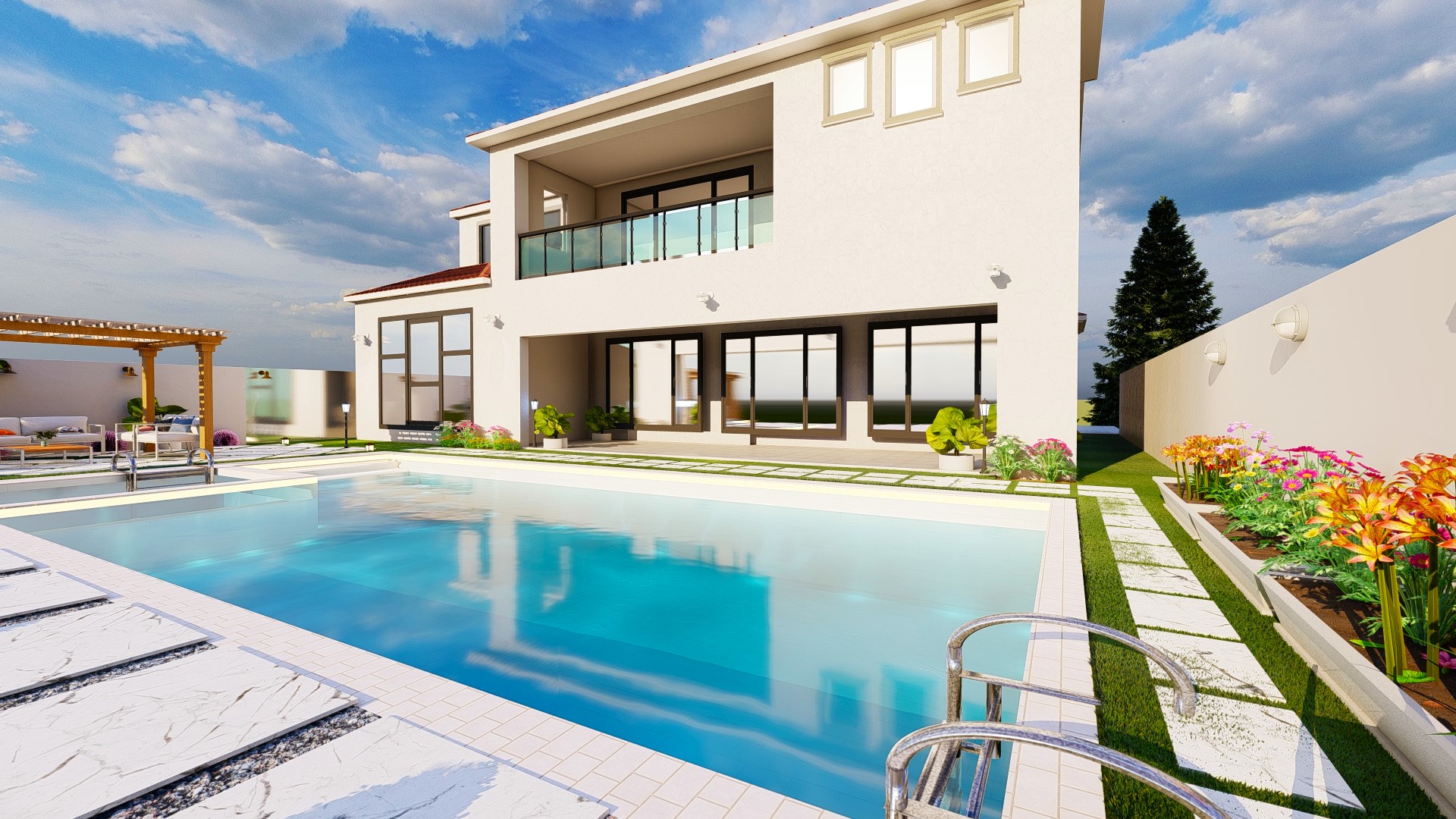 Backyard and front yard landscape design with pool-2