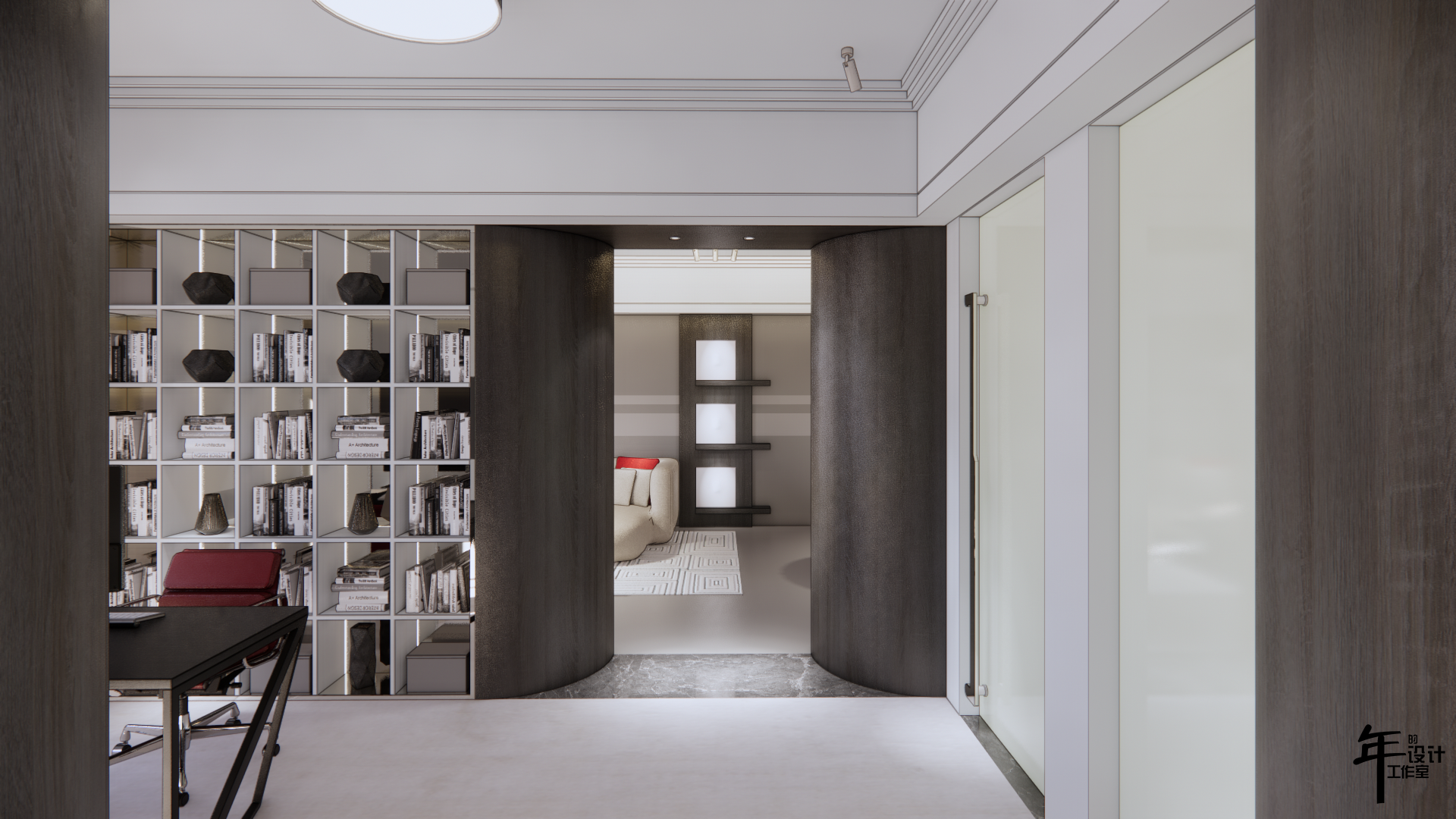 灰色中性网格的现代之家 | 实木、铬、红色点亮空间-14