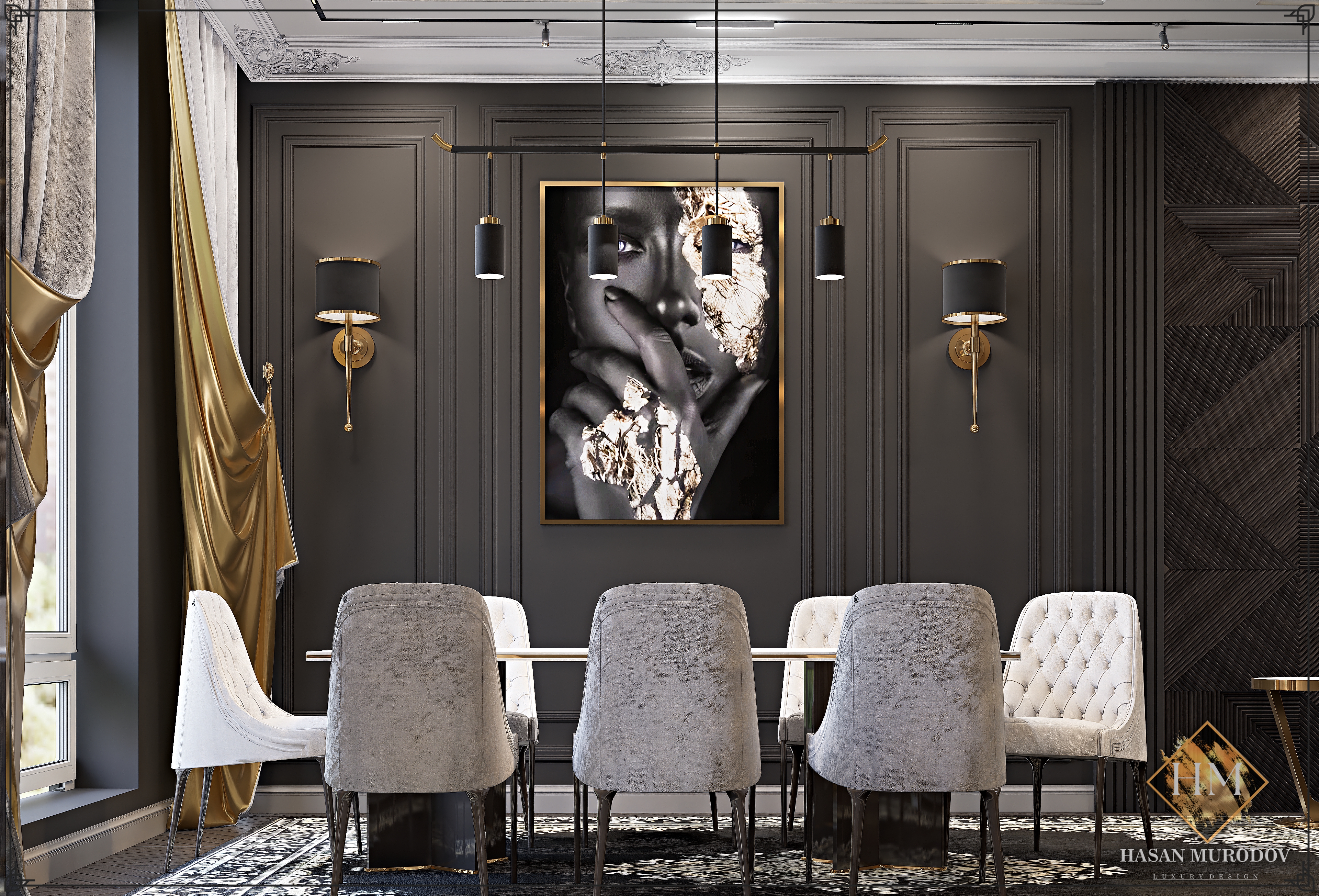 living room in neoclassical style in dark colors-1