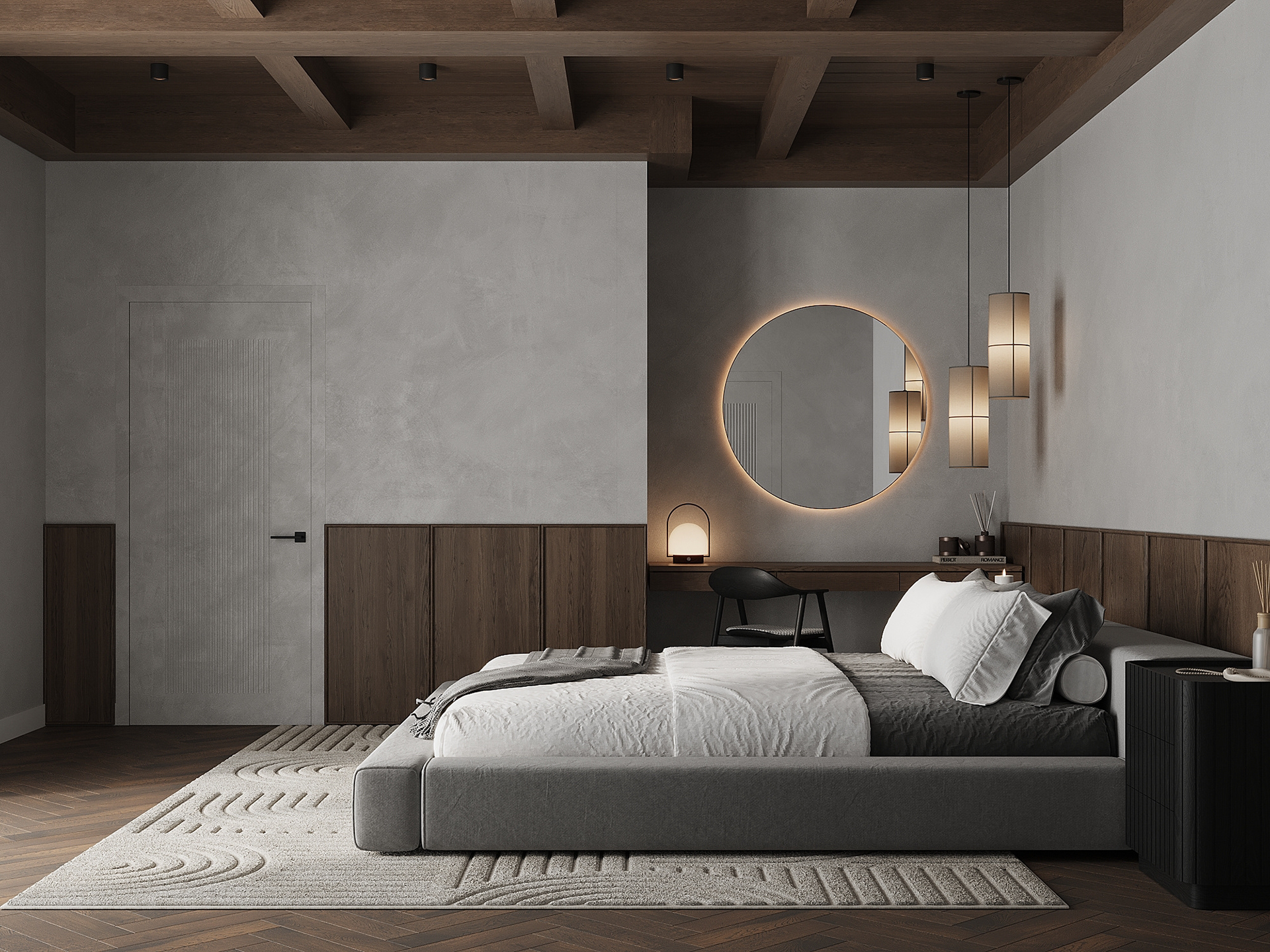Bedroom with Half-Wall Wooden Panels-4