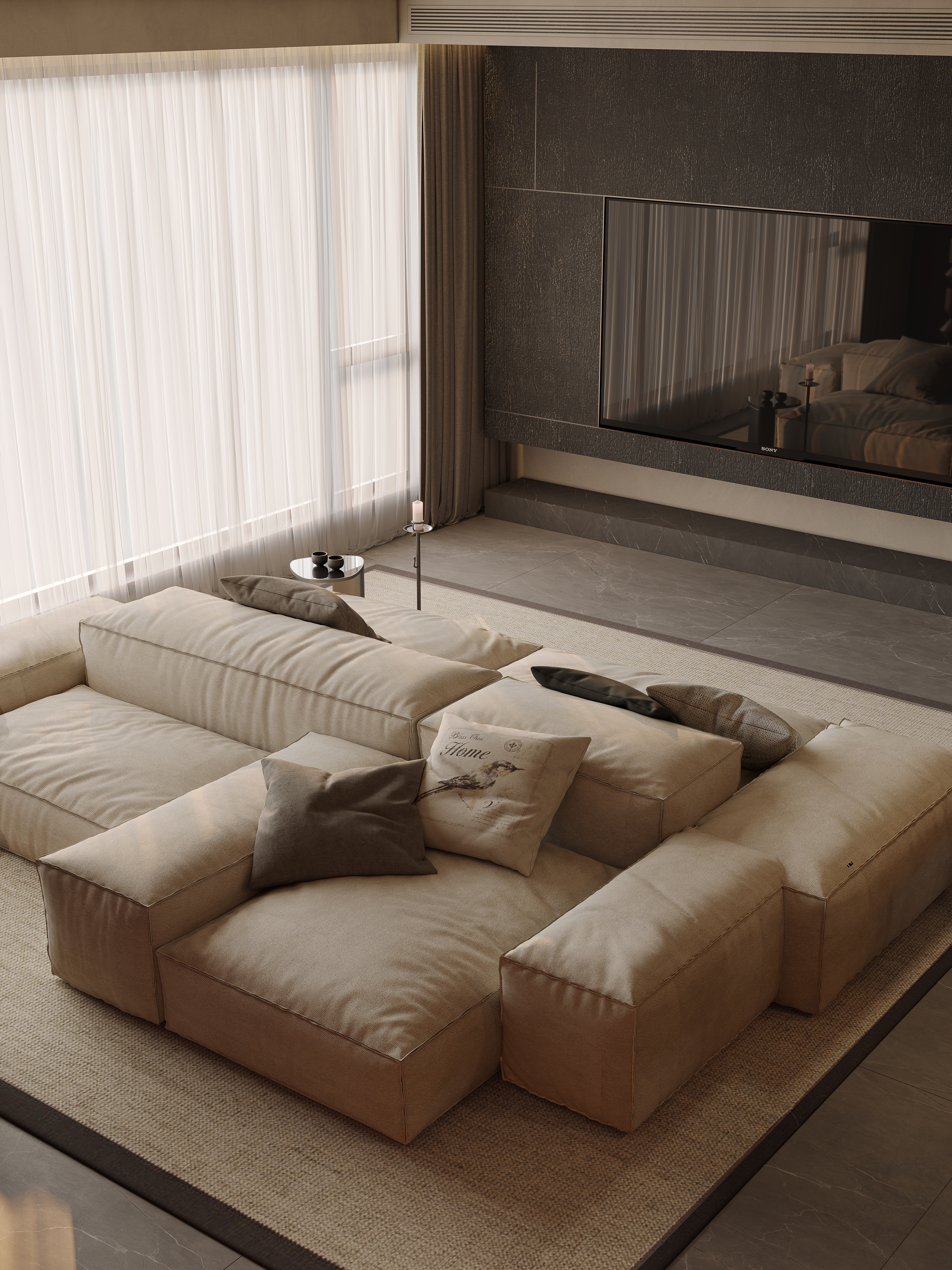 近日渲染现代侘寂风，客厅-5