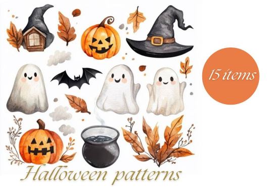 Watercolor Spooky Halloween Clipart Set .-1