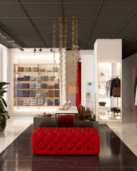 Interior design of a shoe store, bags and accessories