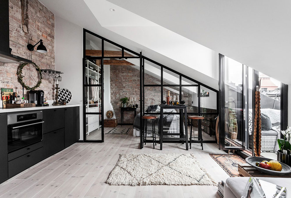 瑞典 35 平米砖墙阁楼公寓，原木梁与玻璃 partition 打造别致空间-5