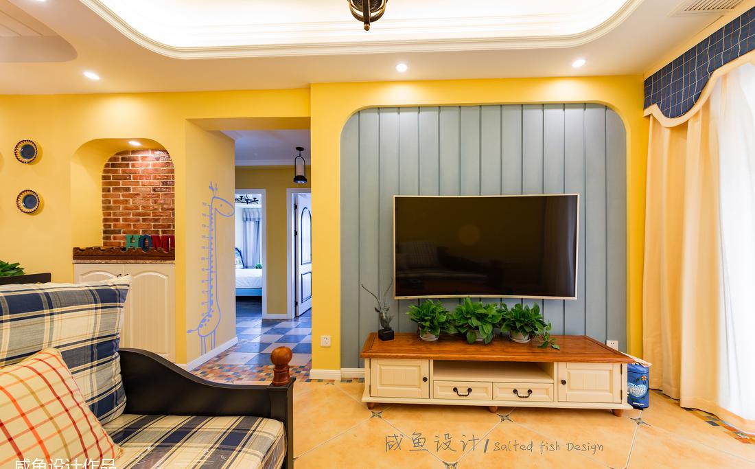 蓝色客厅文化石装饰，儿童房粉红榻榻米-2