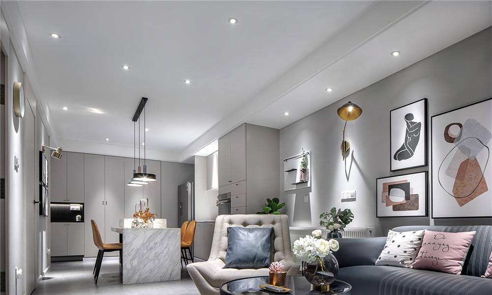 无主灯设计客厅，品味轻复古沙发与西厨空间-4