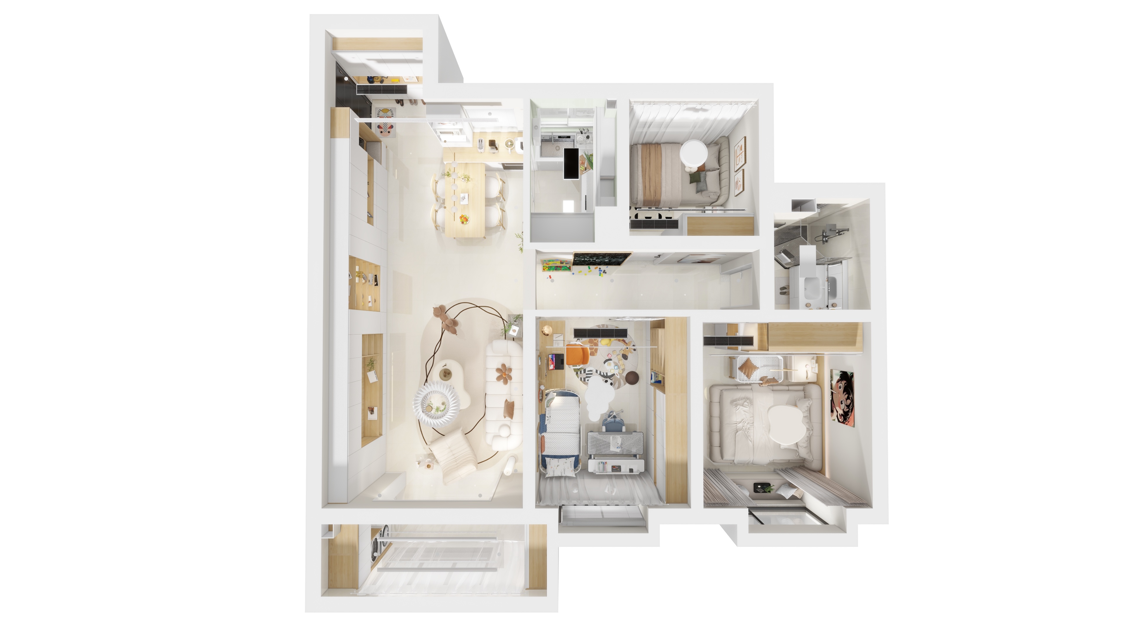 90㎡治愈系奶油风丨90空间设计-42