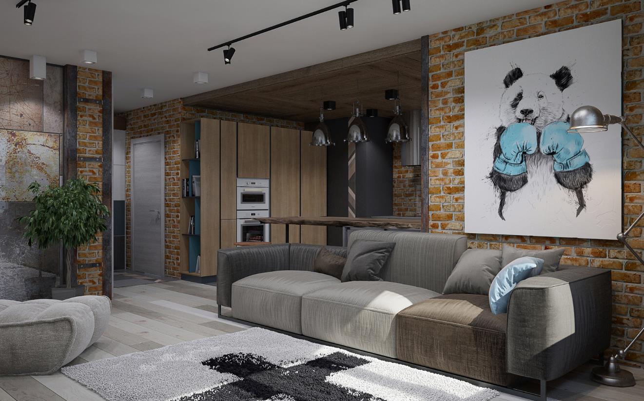 工业风格室内，不局限于原有的格局 ，灰色和红砖为主调 更具有工业感                     -3