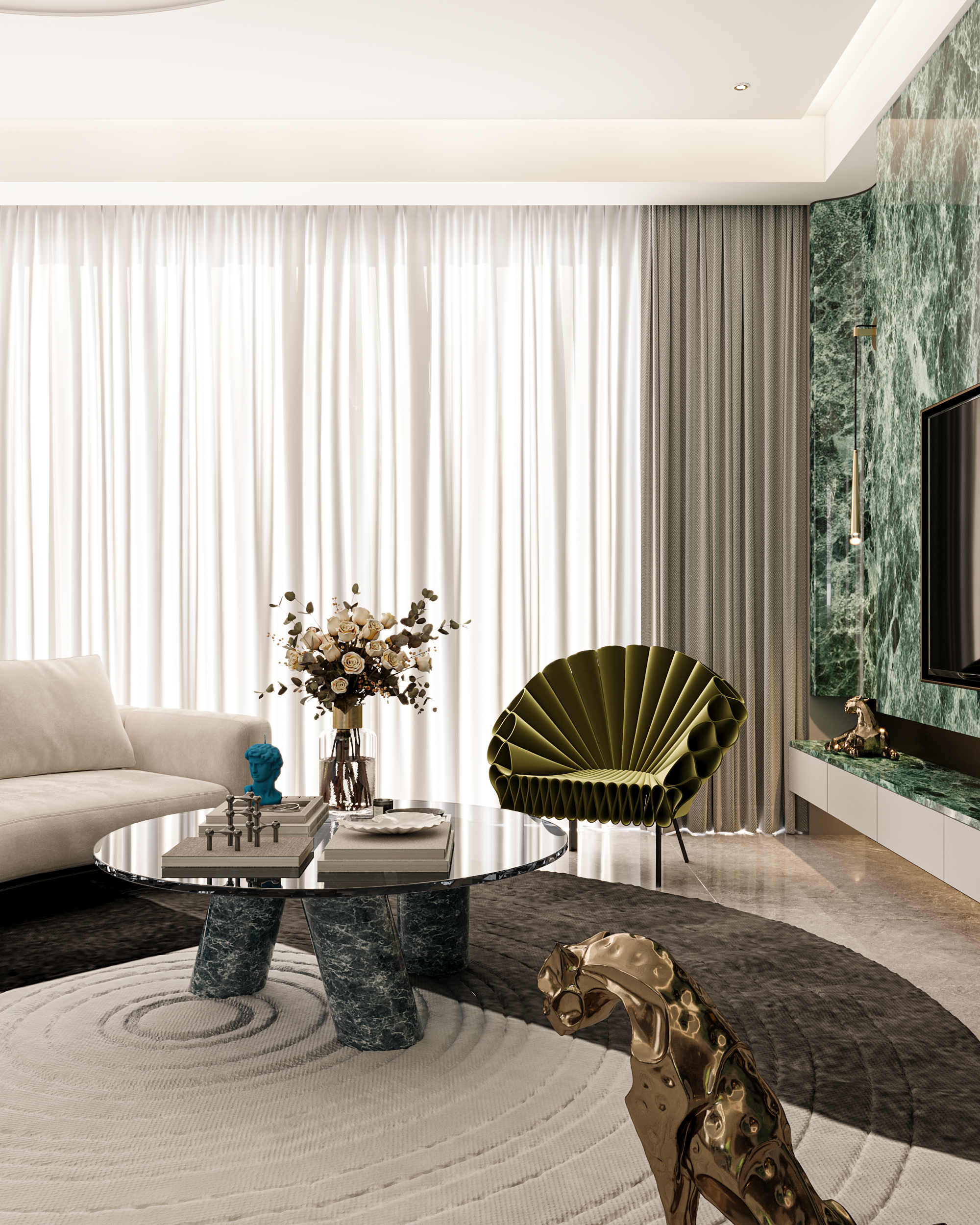 【绿意盎然】大平层轻奢风格效果图案例-0