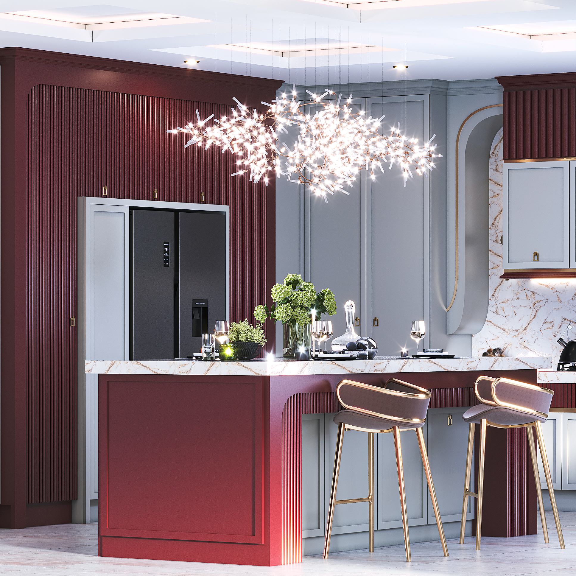 “Red & Grey Neoclassic Kitchen Design”-0