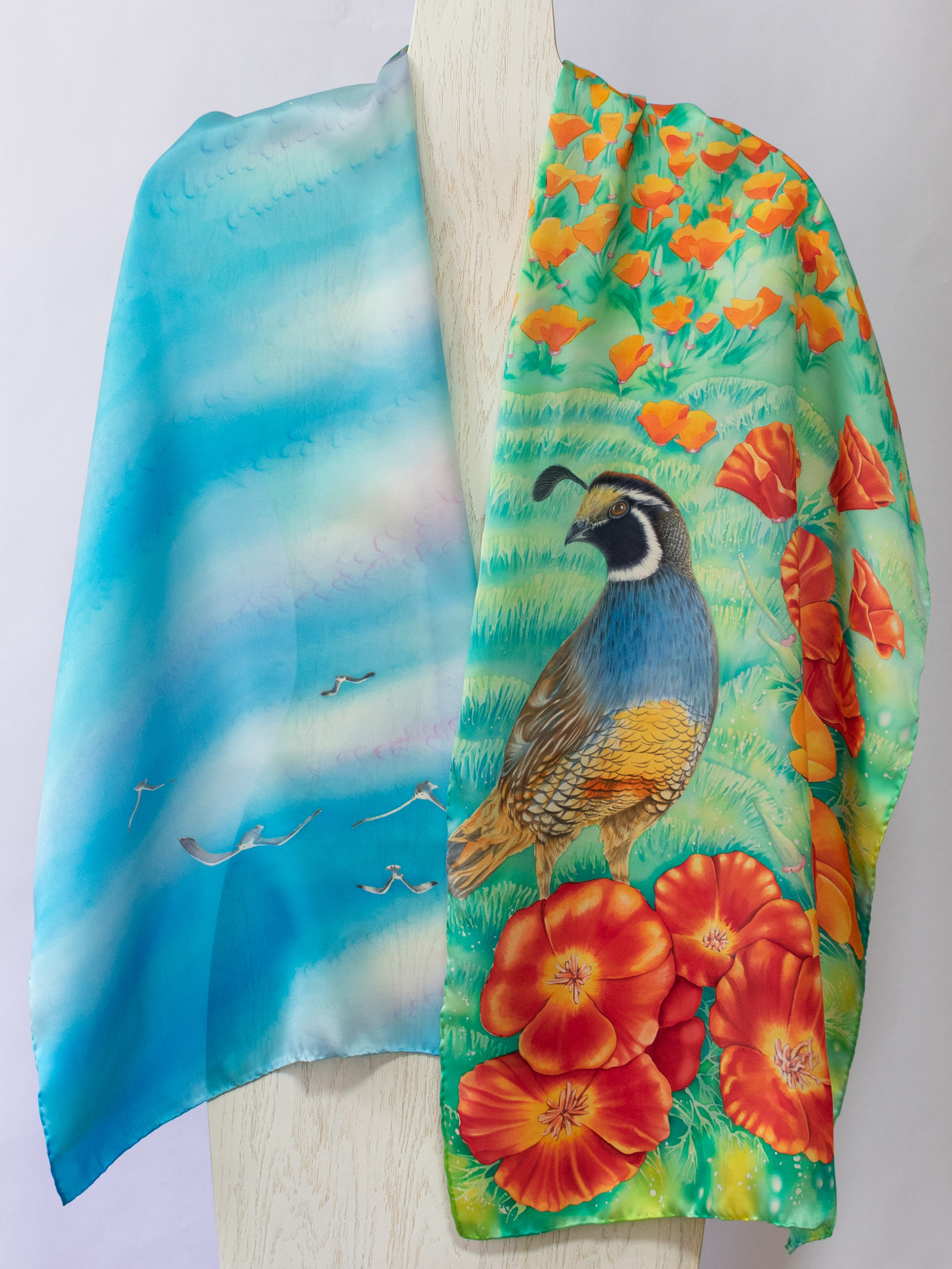 手绘加利福尼亚鹌鹑与罂粟花丝绸围巾-6