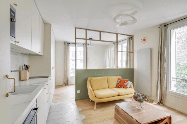 巴黎 31㎡小公寓，抹茶绿透明隔断打造温馨空间-2