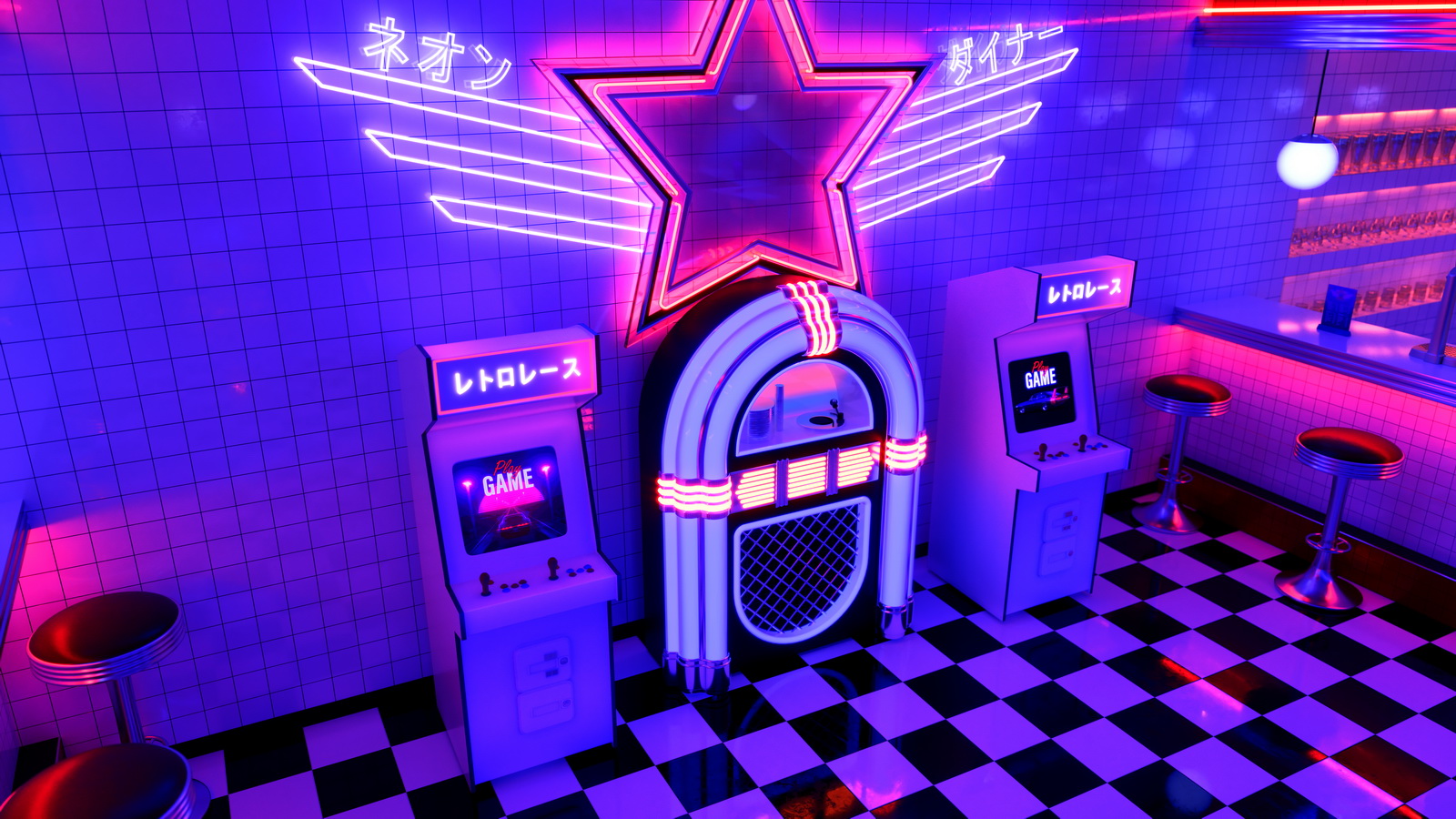 Retro diner interior with jukebox and arcade machine.-7