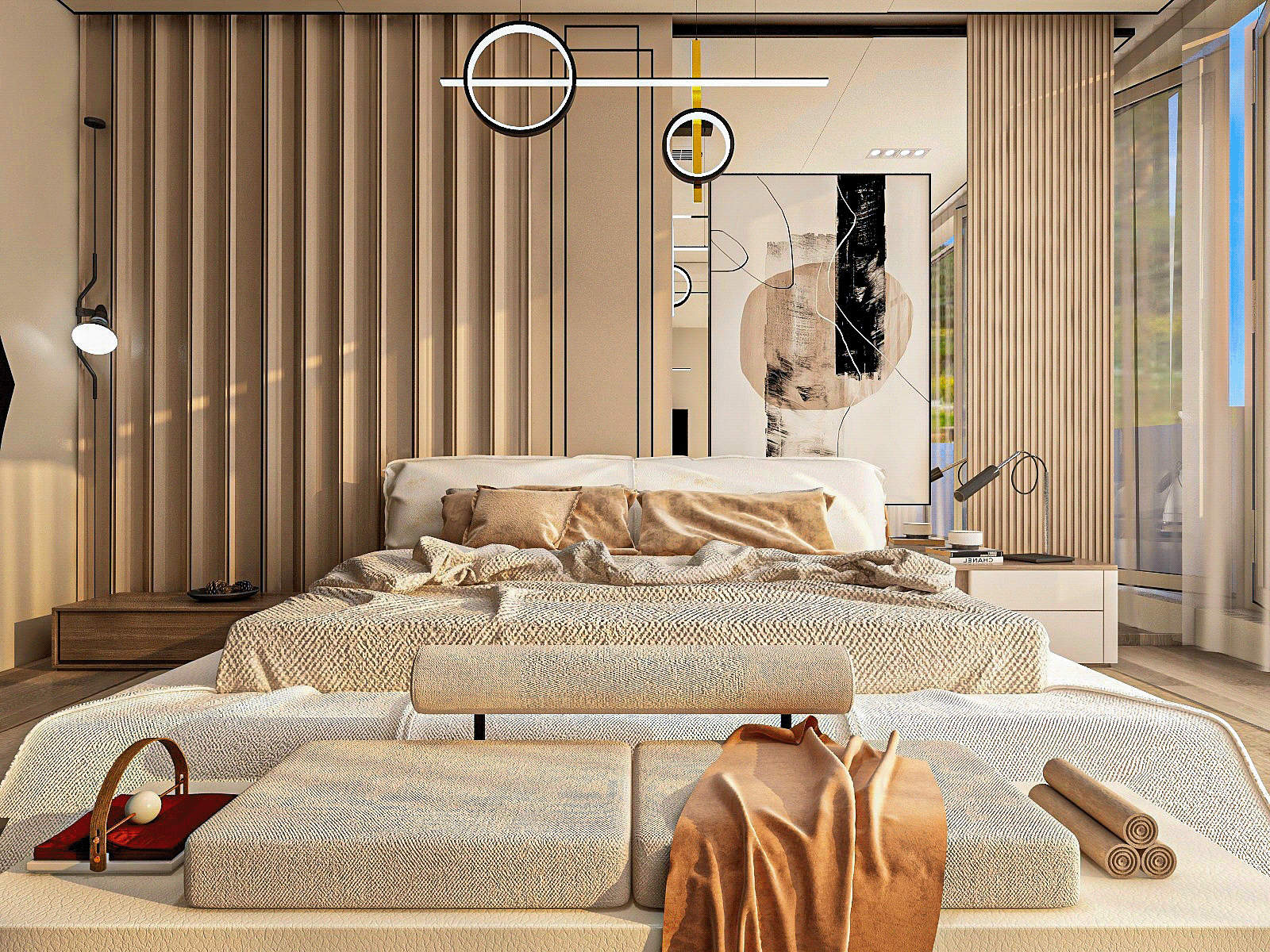 A serene bedroom with a modern minimalist aesthetic.-22