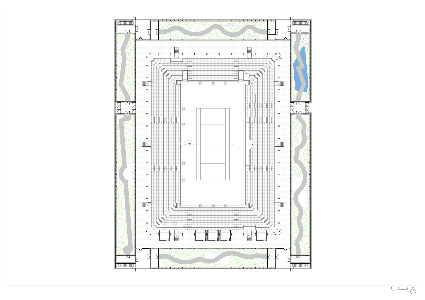 巴黎罗兰·加洛斯 Simonne-Mathieu 网球场的现代绿色温室建筑-42