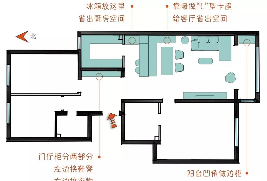 莫兰迪色系撞色设计，打造 107㎡三室一厅的时尚空间-6