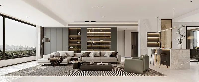 155㎡现代黑白灰简约风复式，客餐厨一体改出通透大视野-88