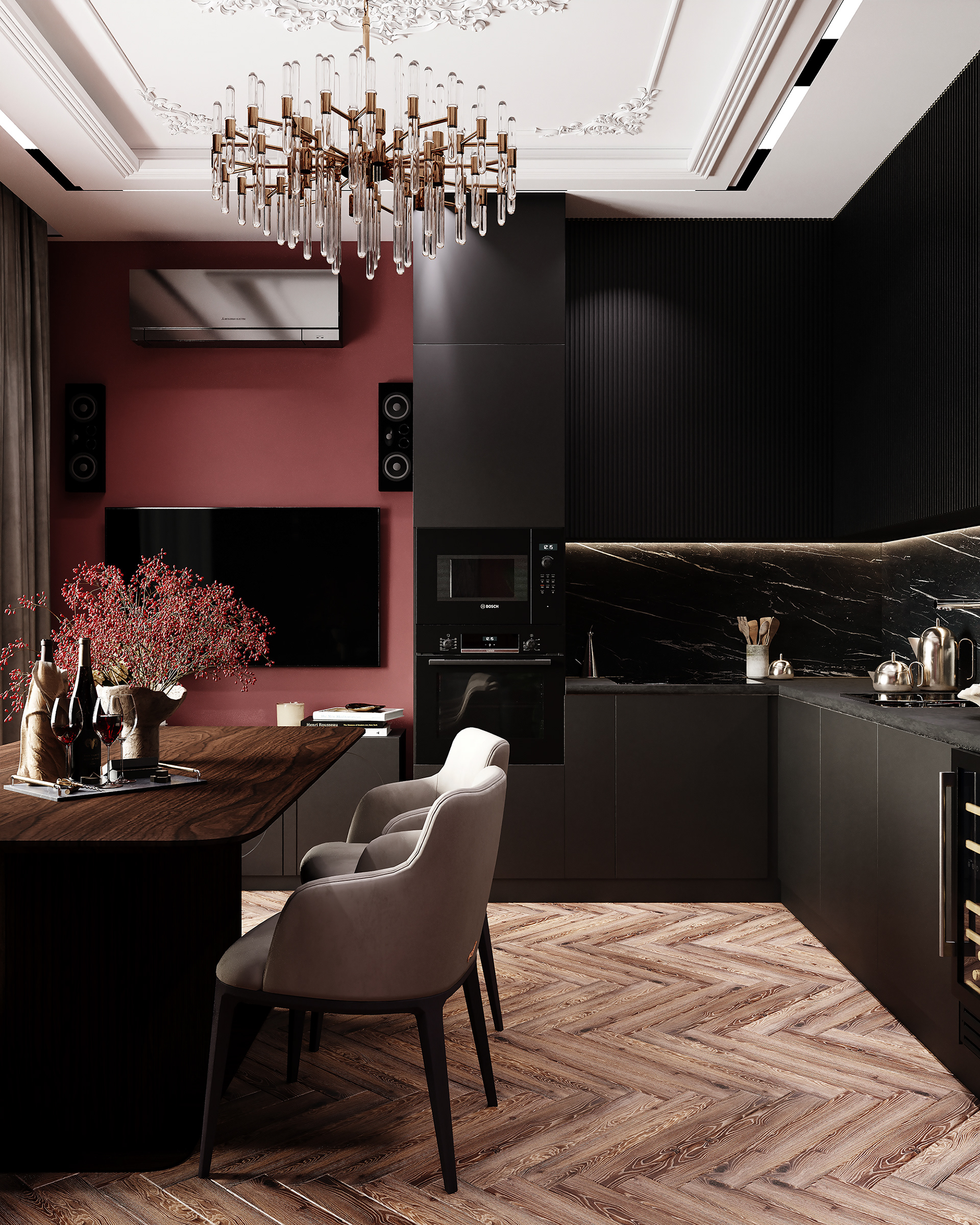 新古典风格带酒红色点缀厨房设计-4