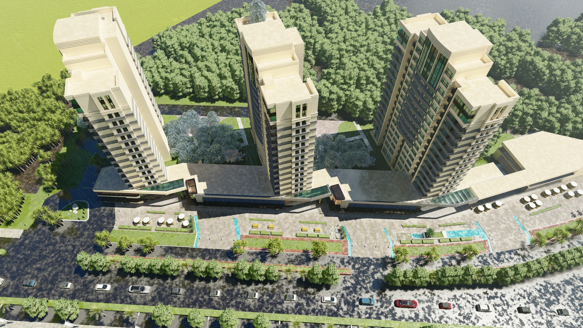 تصميم لمول كبير مع 3 ابراج سكنية وادارية-0