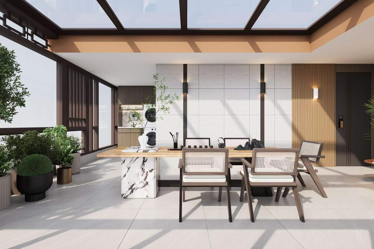 现代别墅轻奢风格客餐厅效果图表现-5