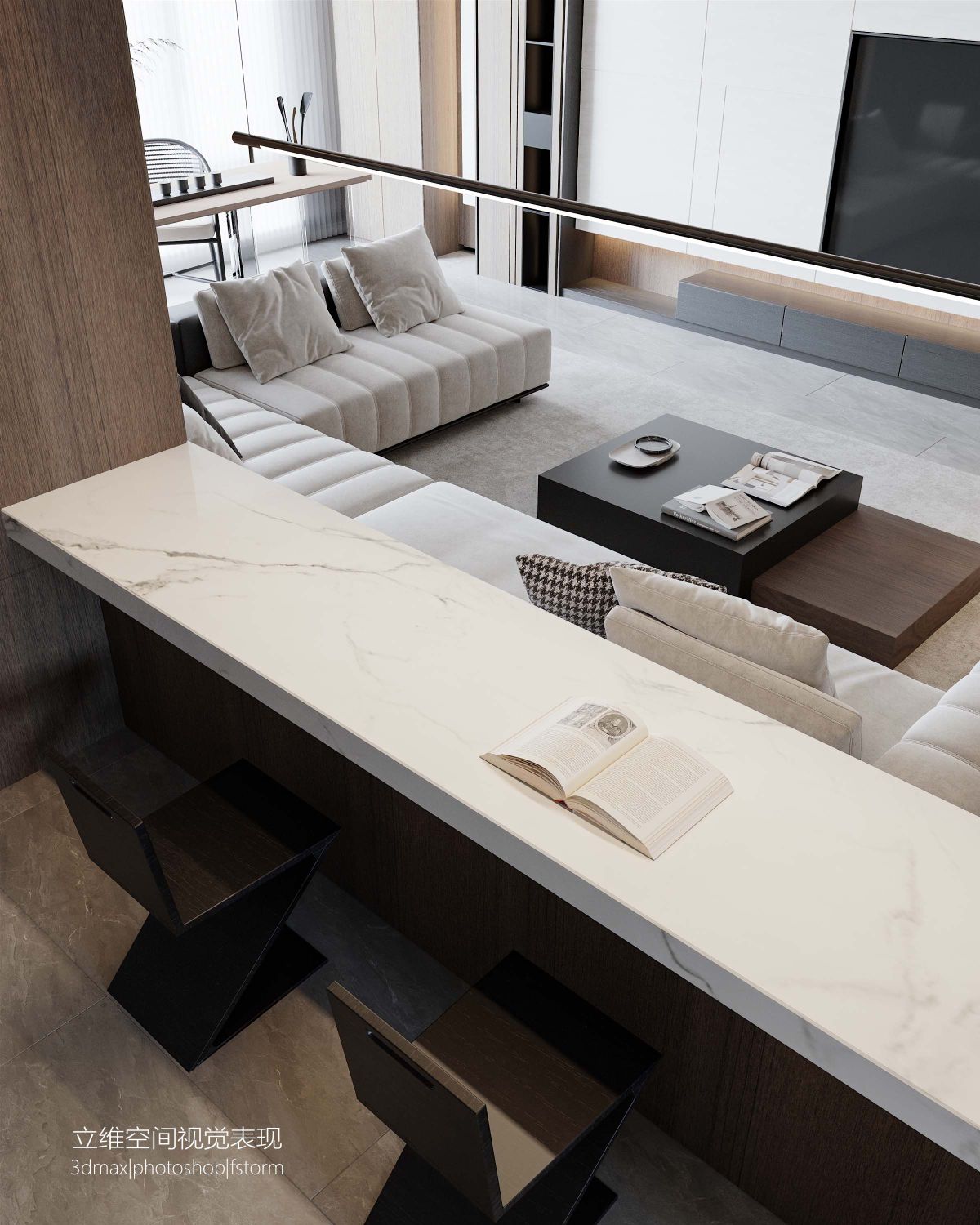 金属与原木的碰撞|现代客餐厅效果图-1