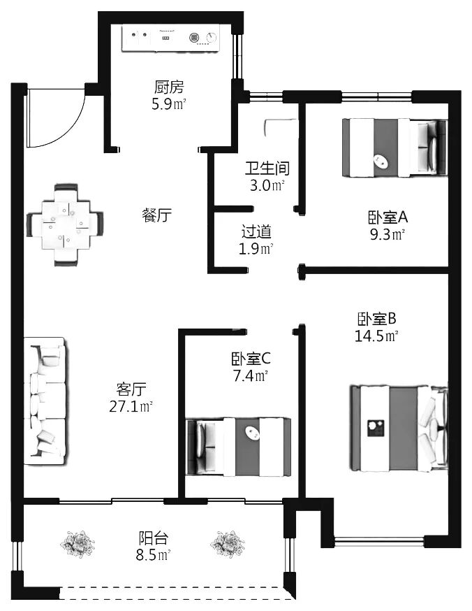 完工首发丨金水区美盛教育港湾，110平黑白灰极简风，色彩纯粹层次丰富-9