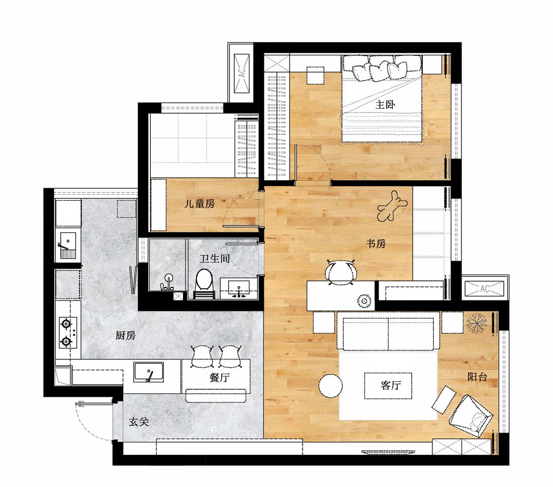 89㎡小三居现代简约设计-18