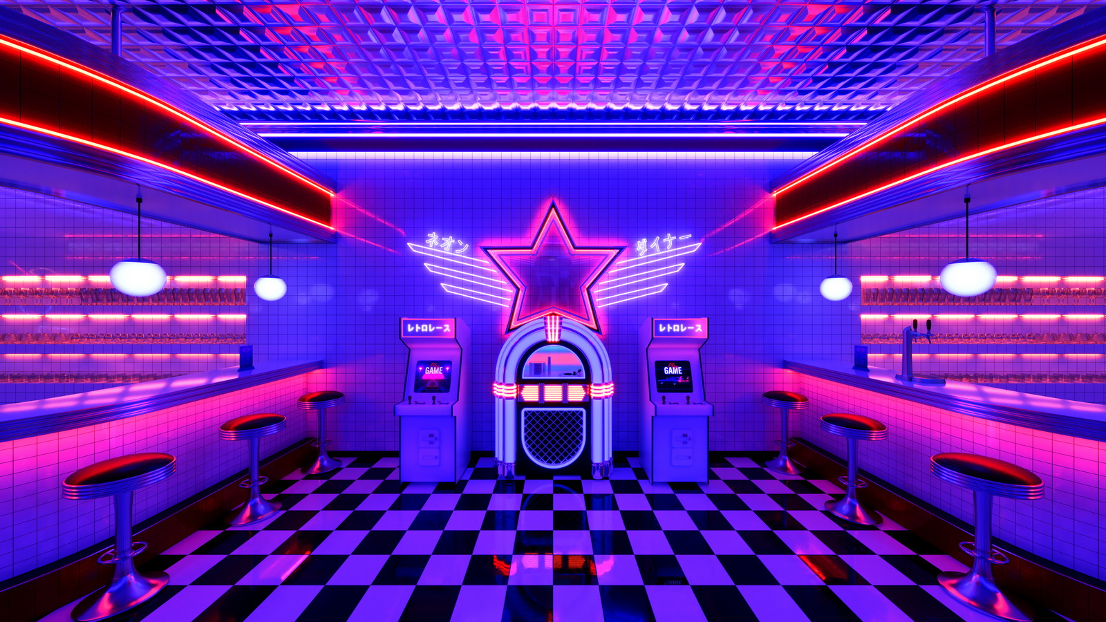 Retro diner interior with jukebox and arcade machine.-4